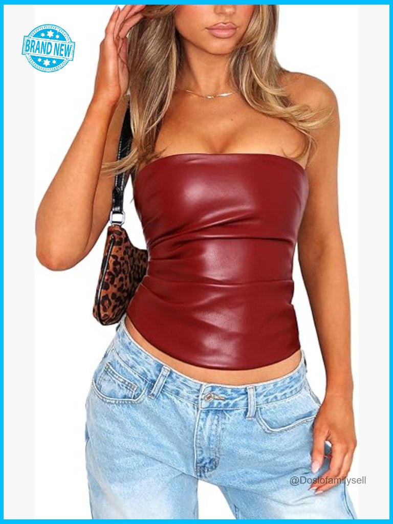 Faux Leather Tube Top Strapless Ruched Bandeau Crop Top Going Out Club Party